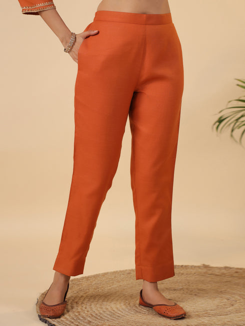 Rust Cotton Blend Yoke Design Straight Kurta Set